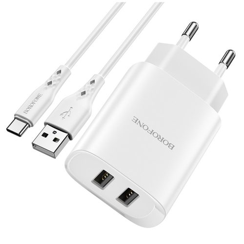 BOROFONE BN2 SUPER FALI TÖLTŐ - 2XUSB - 2.1A USB-C TÍPUSÚ KÁBELLEL, FEHÉR