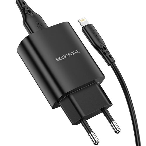 BOROFONE BN1 INNOVATÍV FALI TÖLTŐ - USB - 2.1A USB-LIGHTNING KÁBELLEL, Fekete