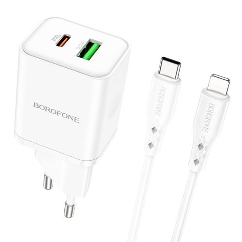 BOROFONE BN7 FALI TÖLTŐ - USB + TYPE C - QC 3.0 PD 20W, TYPE C - LIGHTNING KÁBEL FEHÉR