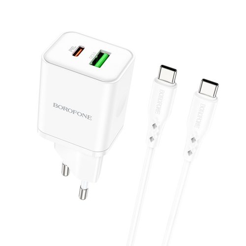 BOROFONE BN7 FALI TÖLTŐ - USB + TYPE C - QC 3.0 PD 20W C-TÍPUSÚ C TÍPUSÚ KÁBELLEL FEHÉR