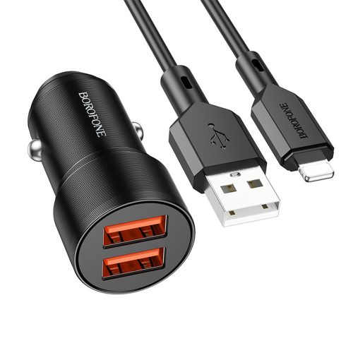 BOROFONE BZ19 WISDOM AUTÓS TÖLTŐ - 2XUSB - 12W USB-LIGHTNING KÁBELLEL, Fekete