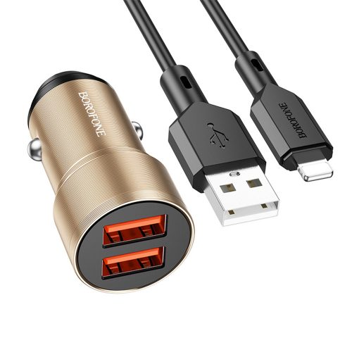 BOROFONE BZ19 WISDOM AUTÓS TÖLTŐ - 2XUSB - 12W USB-LIGHTNING KÁBELLEL, ARANY