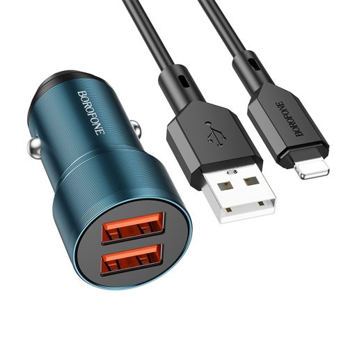 BOROFONE BZ19 WISDOM AUTÓS TÖLTŐ - 2XUSB - 12W USB-LIGHTNING KÁBELLEL, KÉK