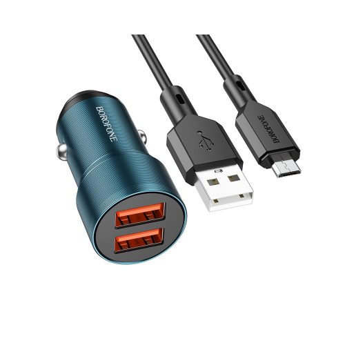 BOROFONE BZ19 WISDOM AUTÓS TÖLTŐ - 2XUSB - 12W USB-MICRO USB KÁBELLEL, KÉK