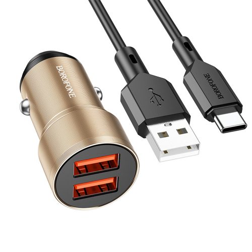 BOROFONE BZ19 WISDOM AUTÓS TÖLTŐ - 2XUSB - 12W USB-C TÍPUSÚ KÁBELLEL ARANY