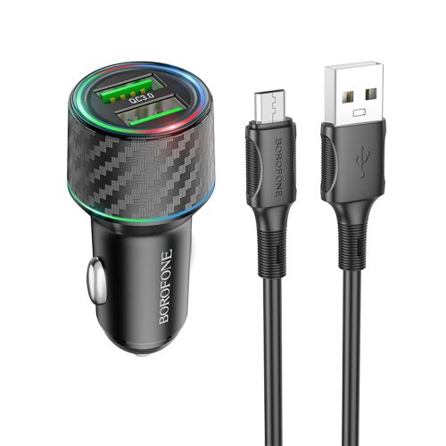 BOROFONE BZ21A BRILLIANT AUTÓS TÖLTŐ - 2XUSB - QC 3.0 36W USB-MICRO USB KÁBELLEL, Fekete