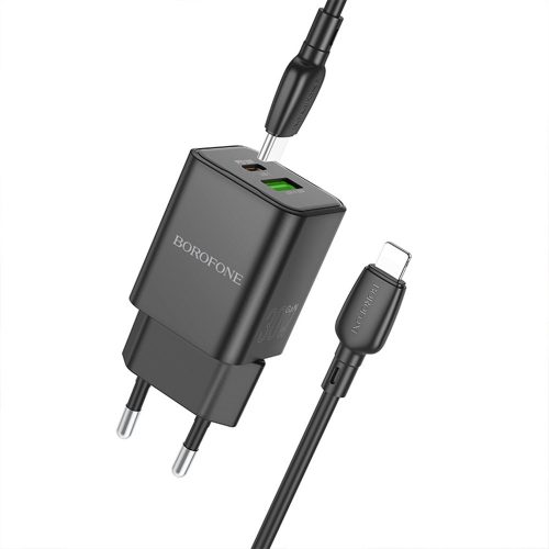 BOROFONE BN14 ROYAL GAN FALI TÖLTŐ - USB + TYPE C - QC 3.0 PD 30W, TYPE C-LIGHTNING KÁBEL Fekete