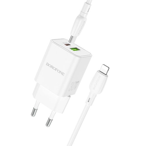 BOROFONE BN14 ROYAL GAN FALI TÖLTŐ - USB + TYPE C - QC 3.0 PD 30W, TYPE C-LIGHTNING KÁBEL FEHÉR