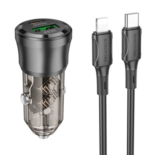 BOROFONE BZ25 JOURNEY AUTÓS TÖLTŐ - USB + TYPE C - PD 38W 3A, TYPE C - LIGHTNING KÁBEL Fekete