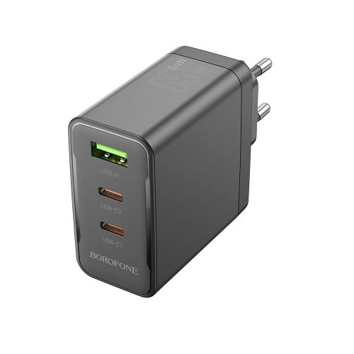 BOROFONE BN12 MANAGER FALI TÖLTŐ - USB + 2XTYPE C - PD 65W 3A Fekete