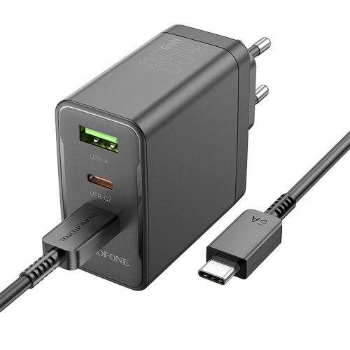 BOROFONE BN12 MANAGER FALI TÖLTŐ - USB + 2XTYP C - PD 65W 3A C-TÍPUSÚ C TÍPUSÚ KÁBELLEL Fekete