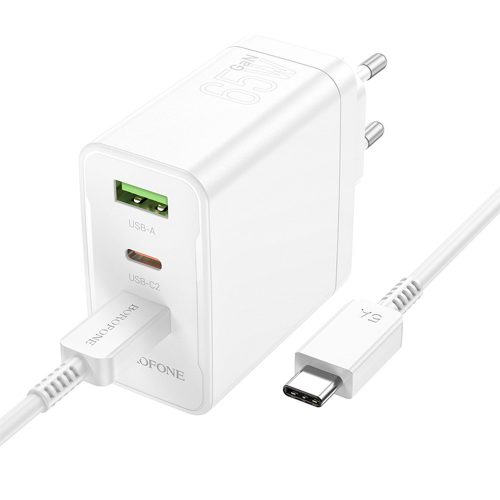 BOROFONE BN12 MANAGER FALI TÖLTŐ - USB + 2XTYP C - PD 65W 3A C-TÍPUSÚ C TÍPUSÚ KÁBELLEL FEHÉR