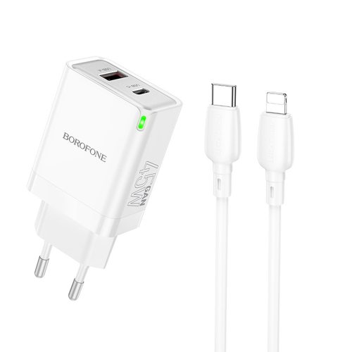 BOROFONE BN16 STRAPABÍRÓ FALI TÖLTŐ - USB + C TÍPUS - PD 45W 3A, C TÍPUSTÓL LIGHTNING KÁBELIG FEHÉR