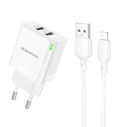 BOROFONE BN15 HÁLÓZATI TÖLTŐ - 2XUSB - 2.1A USB-LIGHTNING KÁBELLEL FEHÉR