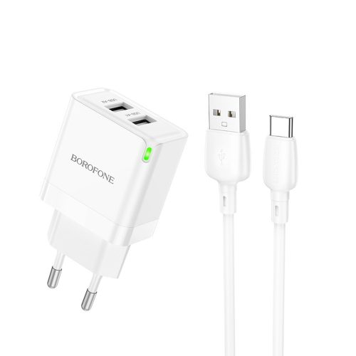 BOROFONE BN15 HÁLÓZATI TÖLTŐ - 2XUSB - 2.1A USB-C TÍPUSÚ KÁBELLEL FEHÉR