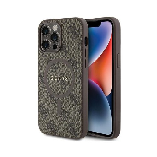 Eredeti GUESS keménytok 4G Collection bőr fém logó MagSafe GUHMP13LG4GFRW tok Iphone 13 Pro barna