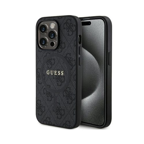 Eredeti GUESS keménytok 4G Collection bőr fém logó MagSafe GUHMP15LG4GFRK tok Iphone 15 Pro Fekete