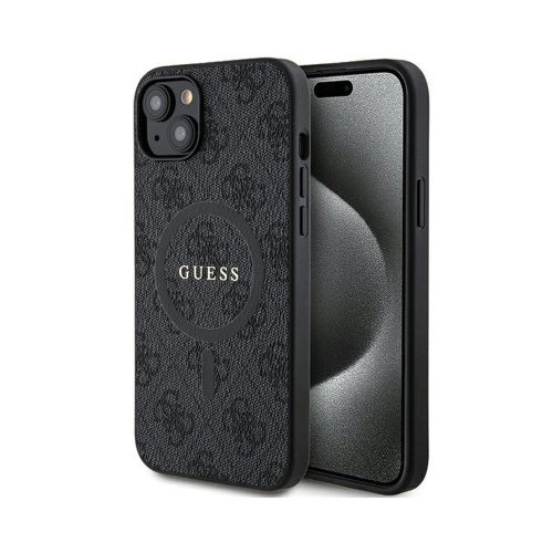 Eredeti GUESS keménytok 4G Collection bőr fém logó MagSafe GUHMP15MG4GFRK tok Iphone 15 Plus/14 Plus Fekete