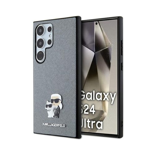 Eredeti KARL LAGERFELD tok kemény tok Saffiano Karl & Choupette Metal Pin KLHCS24LPSAKCMPG Samsung Galaxy S24 Ultra szürke