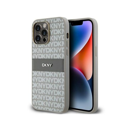 Eredeti DKNY keménytok Bőr Mono Stripe & Metal Logo tok DKHCP14LPRTHSLE Iphone 14 Pro bézs