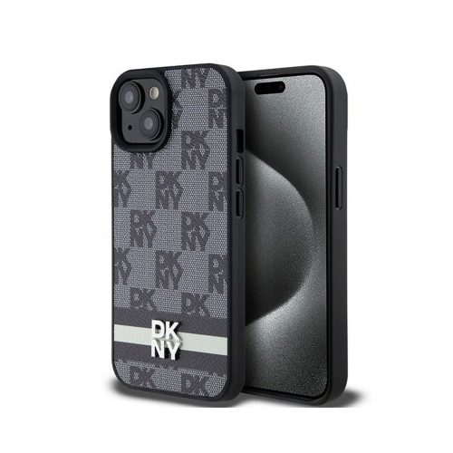 Eredeti DKNY keménytok bőr kockás mono mintás és nyomott csíkos DKHCP15MPCPTSSK tok Iphone 15 Plus/14 Plus Fekete