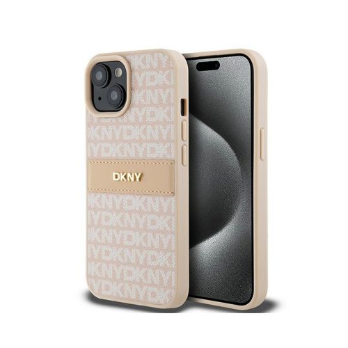 Eredeti DKNY Hardcase Leather Mono Stripe & Metal Logó tok DKHCP15MPRTHSLP iPhone 15 Plus/14 Plus rózsaszín