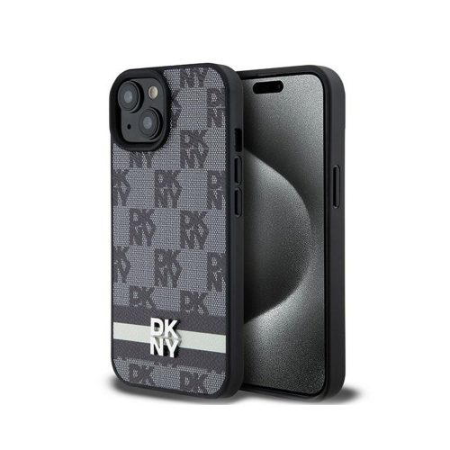 Eredeti DKNY keménytokos bőr kockás monomintás és nyomott csíkos DKHCP15SPCPTSSK tok Iphone 15/14/13 Fekete