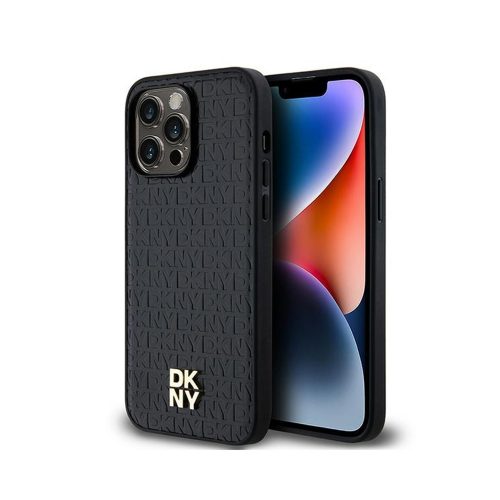 Eredeti DKNY keménytokos bőr monogram mintás fém logó MagSafe DKHMP14XPSHRPSK tok Iphone 14 Pro Max Fekete