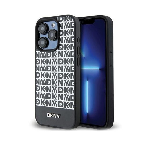 Eredeti DKNY keménytokos bőr nyomott mintás fém logó MagSafe DKHMP15LPSOSPK tok Iphone 15 Pro Fekete