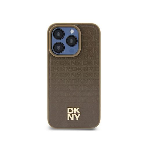 Eredeti DKNY keménytokos bőr Monogram mintás fém logó MagSafe DKHMP15MPSHRPSW tok Iphone 15 Plus/14 Plus barna