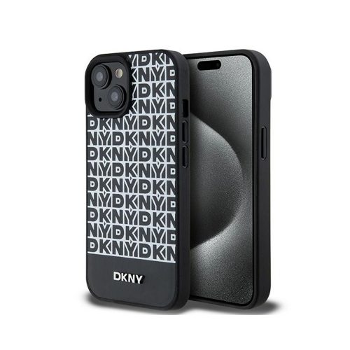 Eredeti DKNY keménytokos bőr nyomott mintás fém logó MagSafe DKHMP15SPSOSPK tok Iphone 15/14/13 Fekete