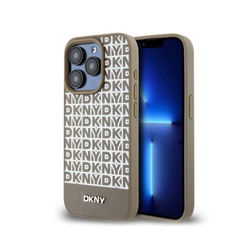 Eredeti DKNY keménytokos bőr nyomott mintás fém logó MagSafe DKHMP15XPSOSPW tok Iphone 15 Pro Max barna